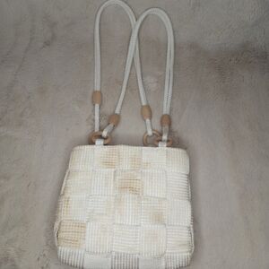 KMQ Vintage Italian Made Boho Woven Straw Bag With Wooden Beaded Double Strap